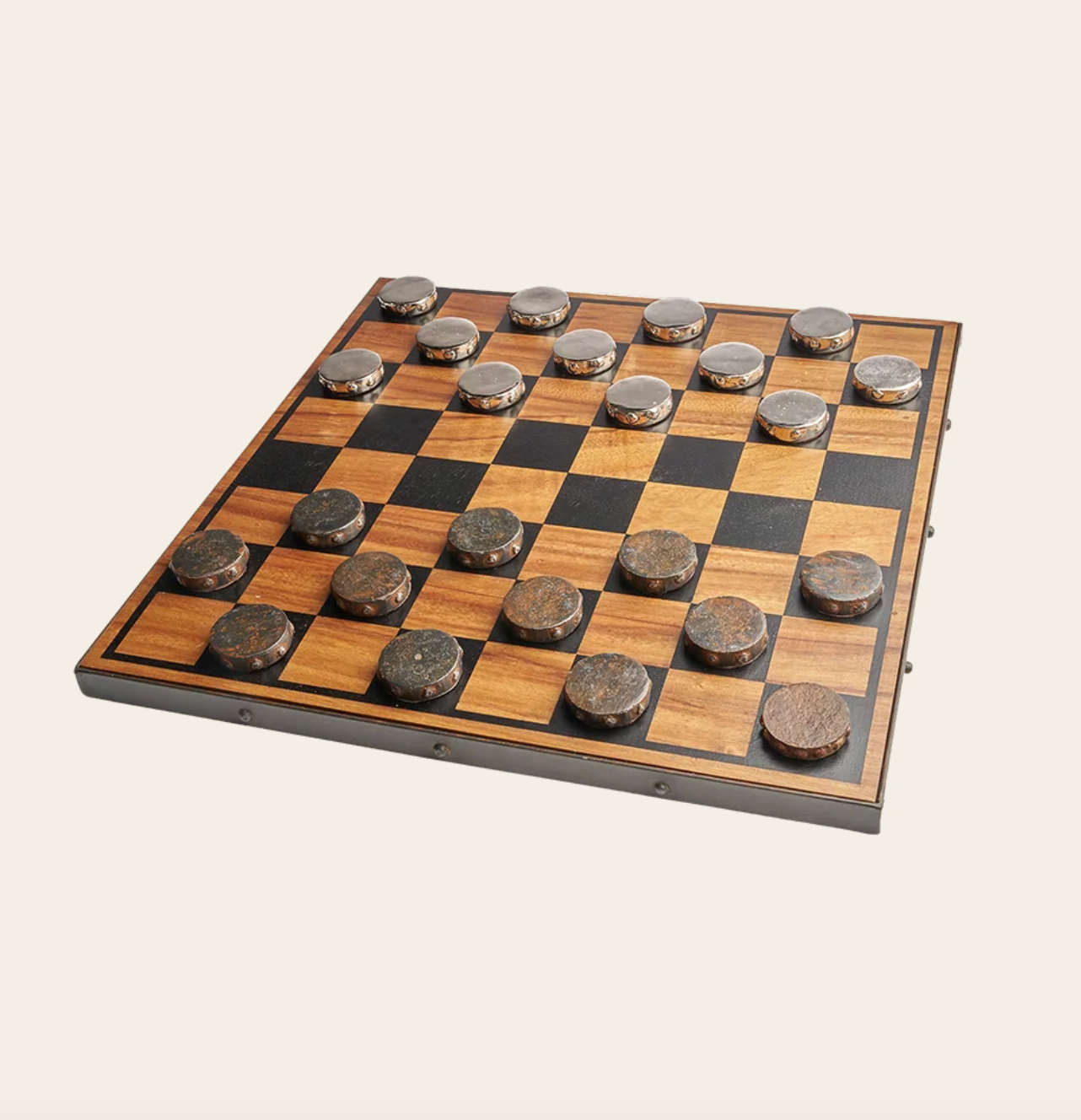 Juego D’ Damas Set w/ Wooden Board & Cast Iron Pieces In Box