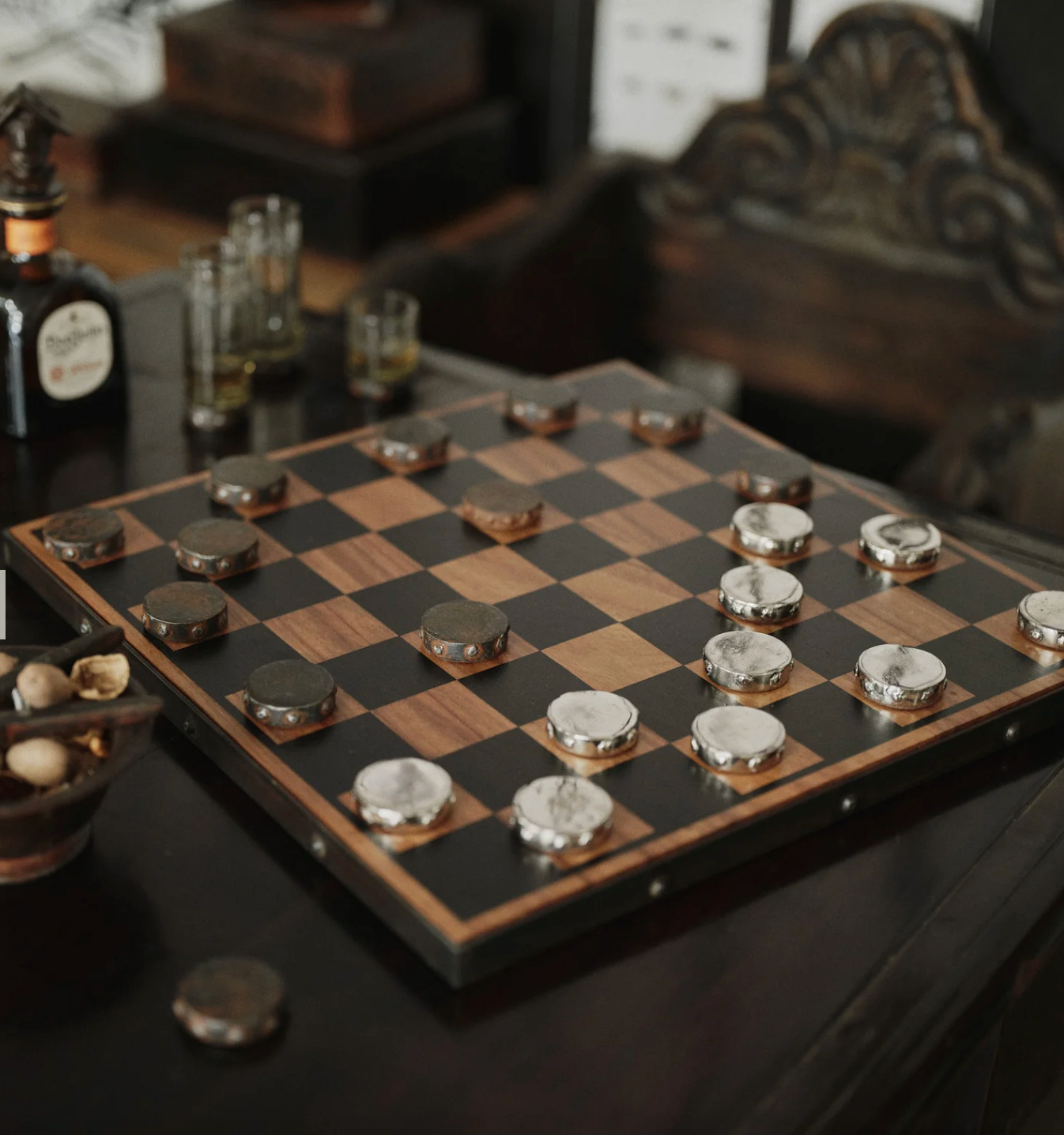 Juego D’ Damas Set w/ Wooden Board & Cast Iron Pieces In Box