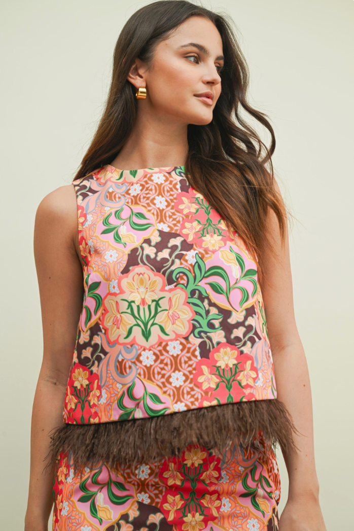 Poppy Paisley Feather Trim Top