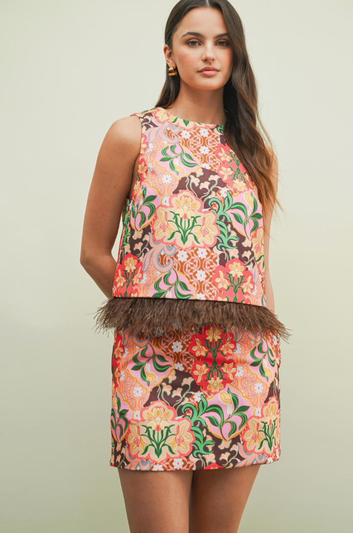 Poppy Paisley Feather Trim Top