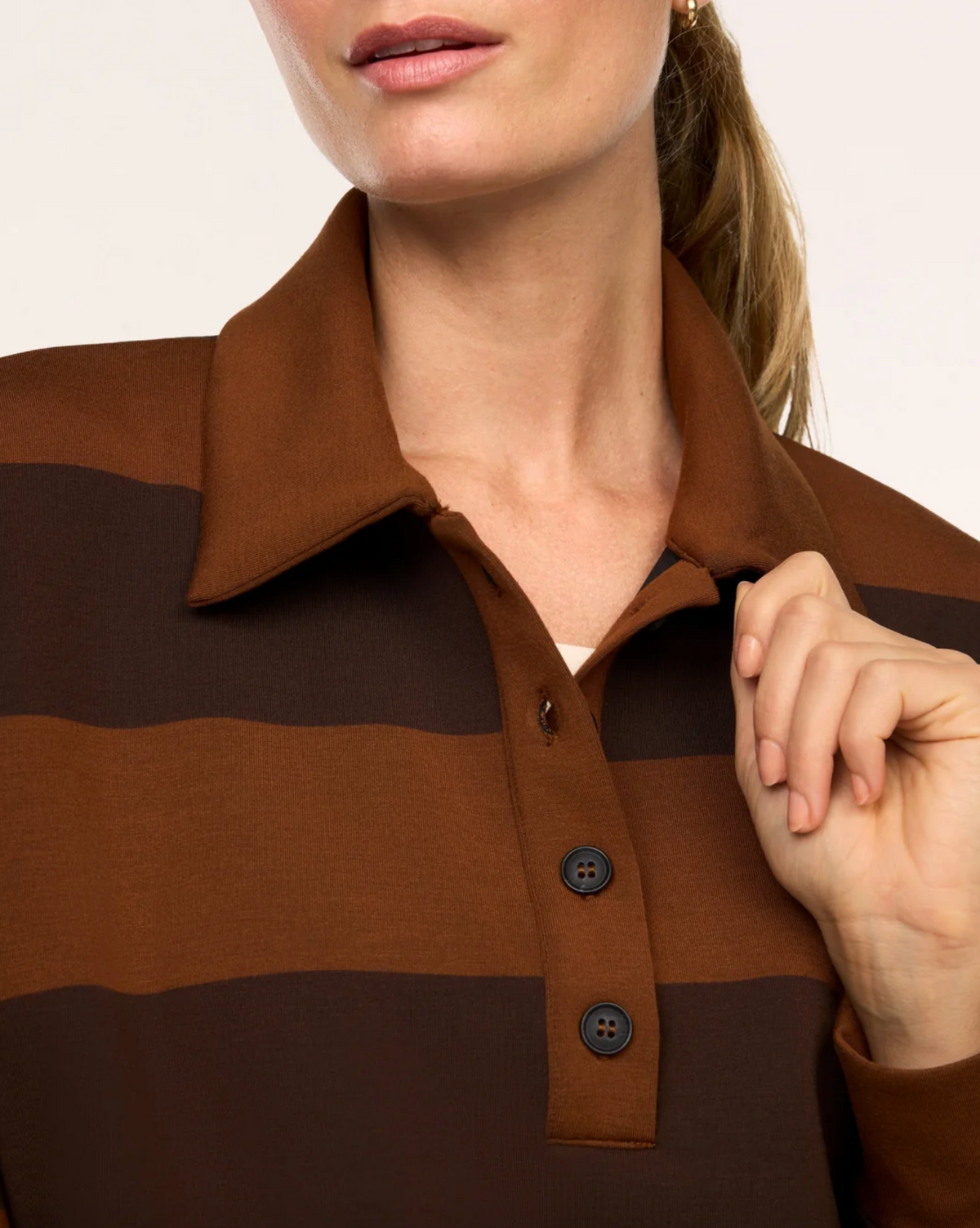 SPANX AirEssentials Rugby Collared Pullover - Block Stripe SM Brown