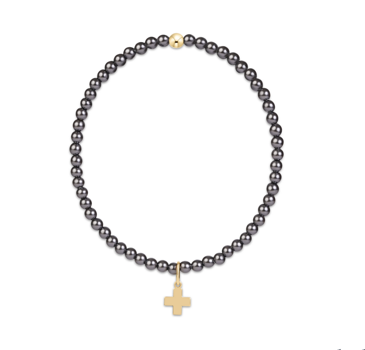 E Newton Classic Pearl Dark Grey 3mm Bracelet - Signature Cross Gold Charm