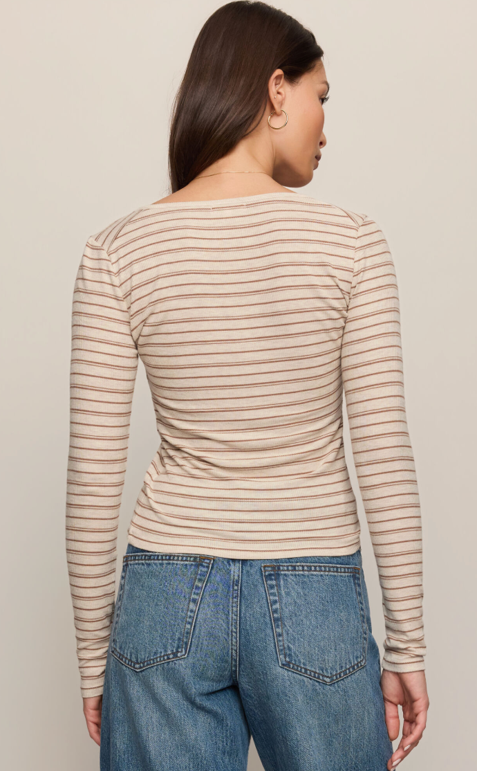 Andie Striped Henley Top - Light Oatmeal Heather