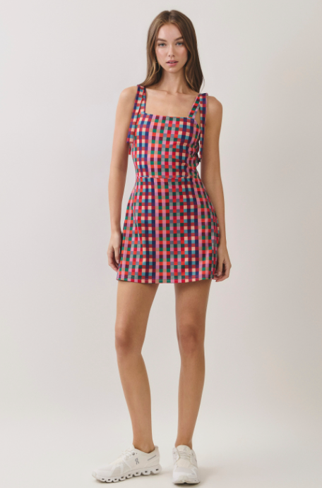 Multi Check Strap Detail Mini Dress