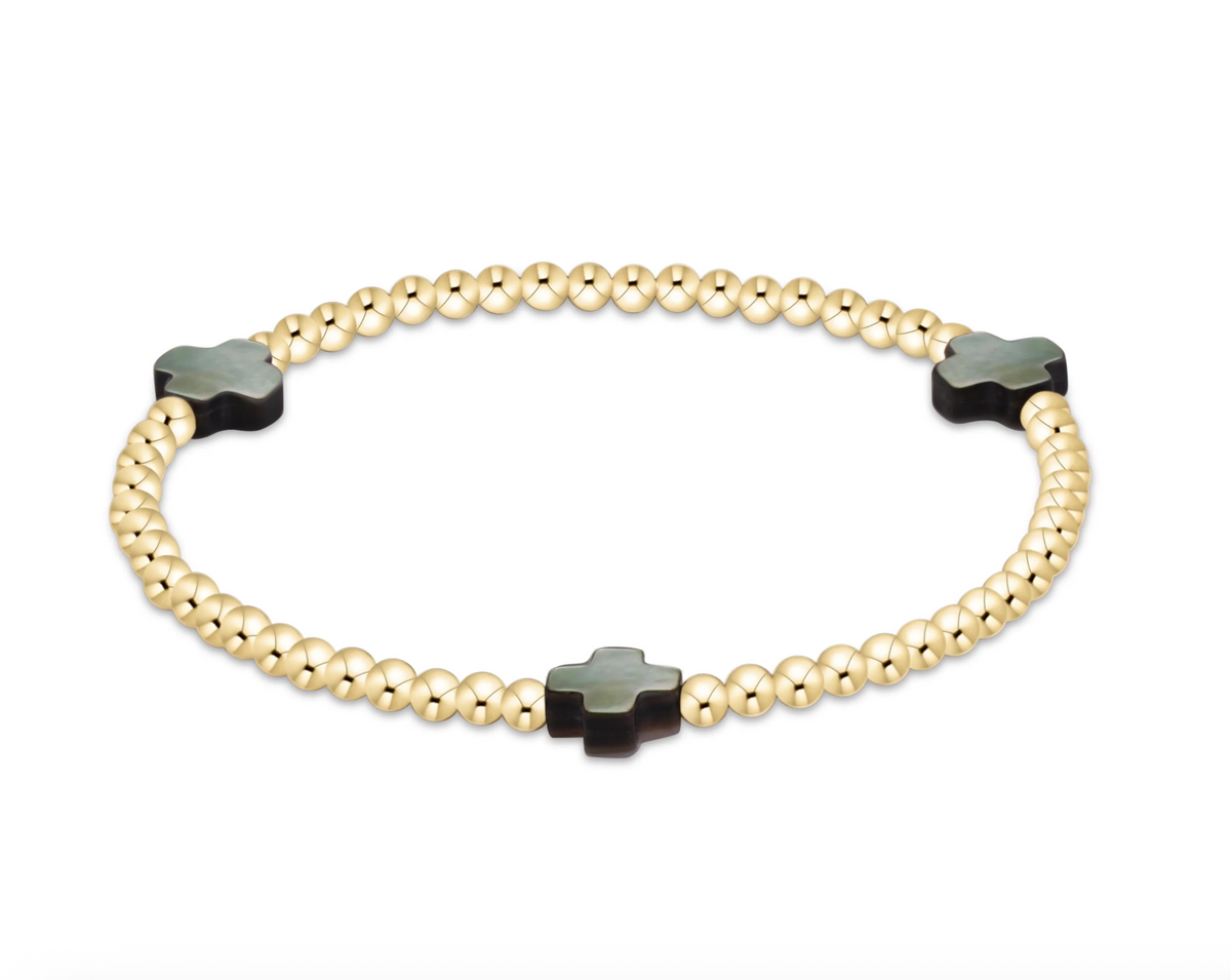 E Newton Signature Cross 3mm Gold Bracelet - Mother of Pearl - Black Tahitian
