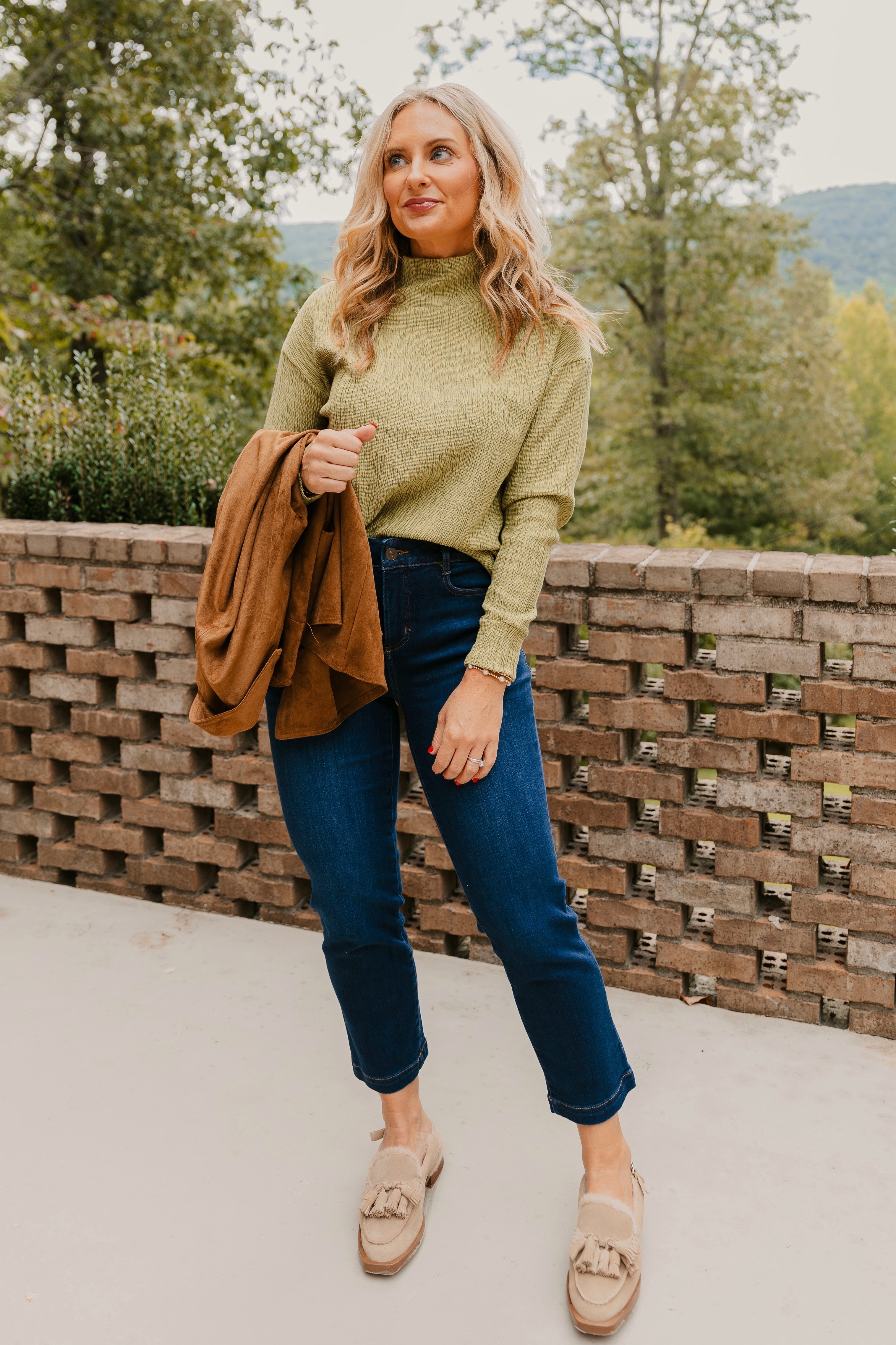 Tribal Crinkle Drop Shoulder Mock Neck Top