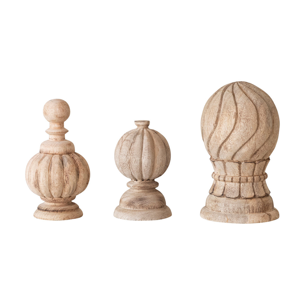 Hand-Carved Mango Wood Finials, Bleached, Set of 3