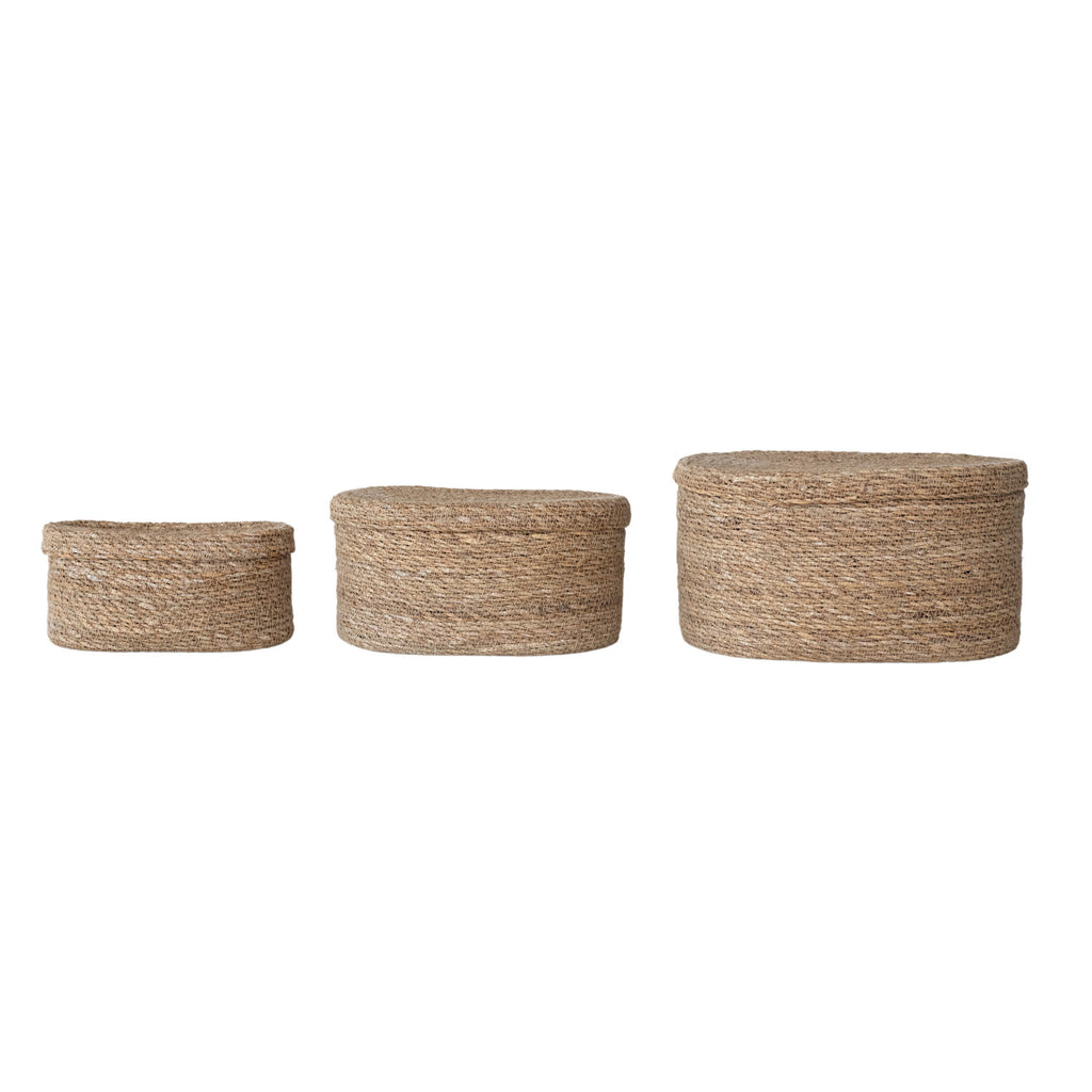 Oval Hand-Woven Seagrass Baskets with Lids, Natural, Set of 3