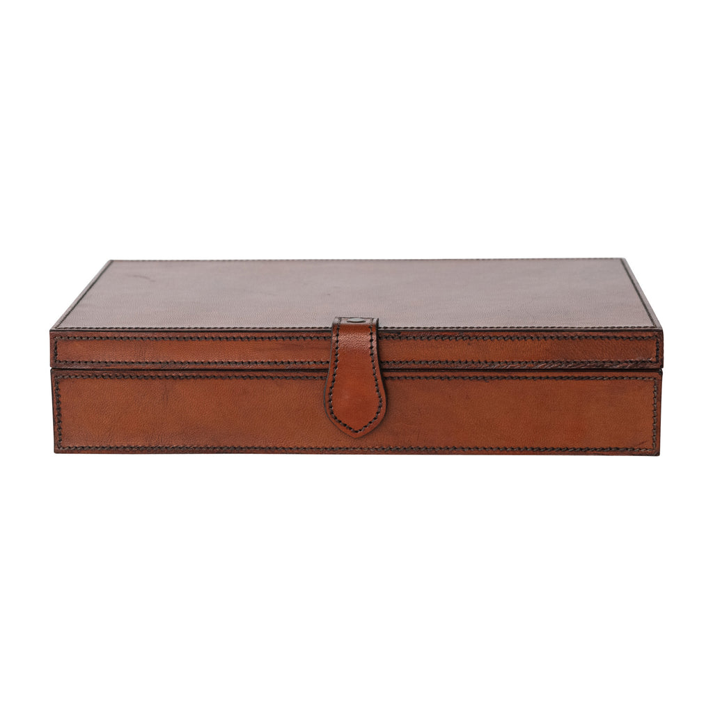 MDF & Leather Box with Snap Closure, Stitching & Flocked Interior