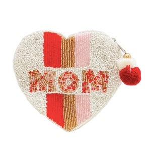 Mom Heart Shape Beaded Coin Pouch