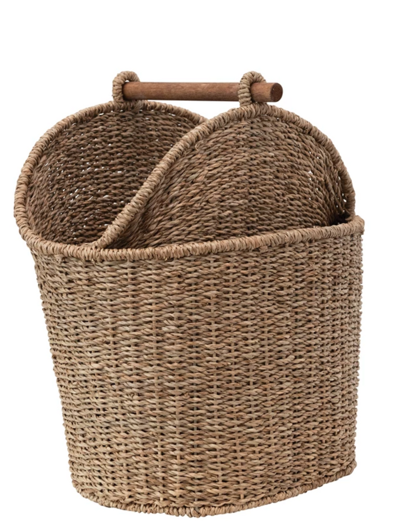 Hand-Woven Bankuan Toilet Paper/Magazine Basket with Wood Handle