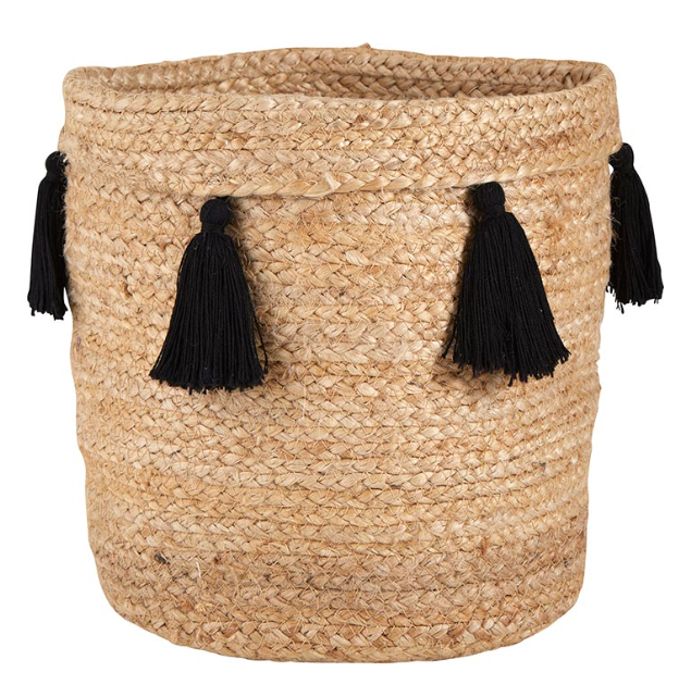 Natural Jute Storage Basket w/ Black Tassels